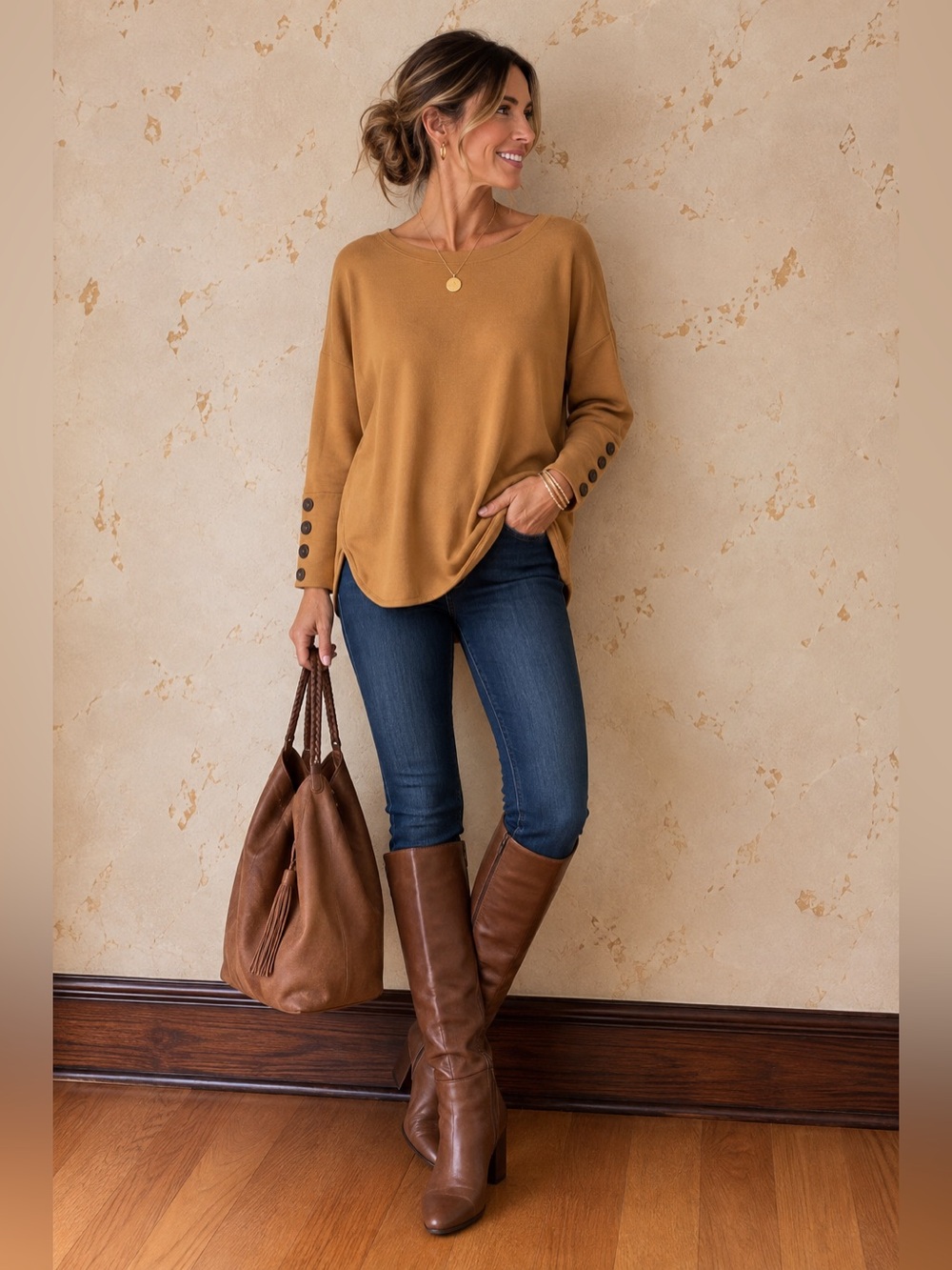 Cupio Mustard Long Sleeve Knit Top Large Button Cuffs M